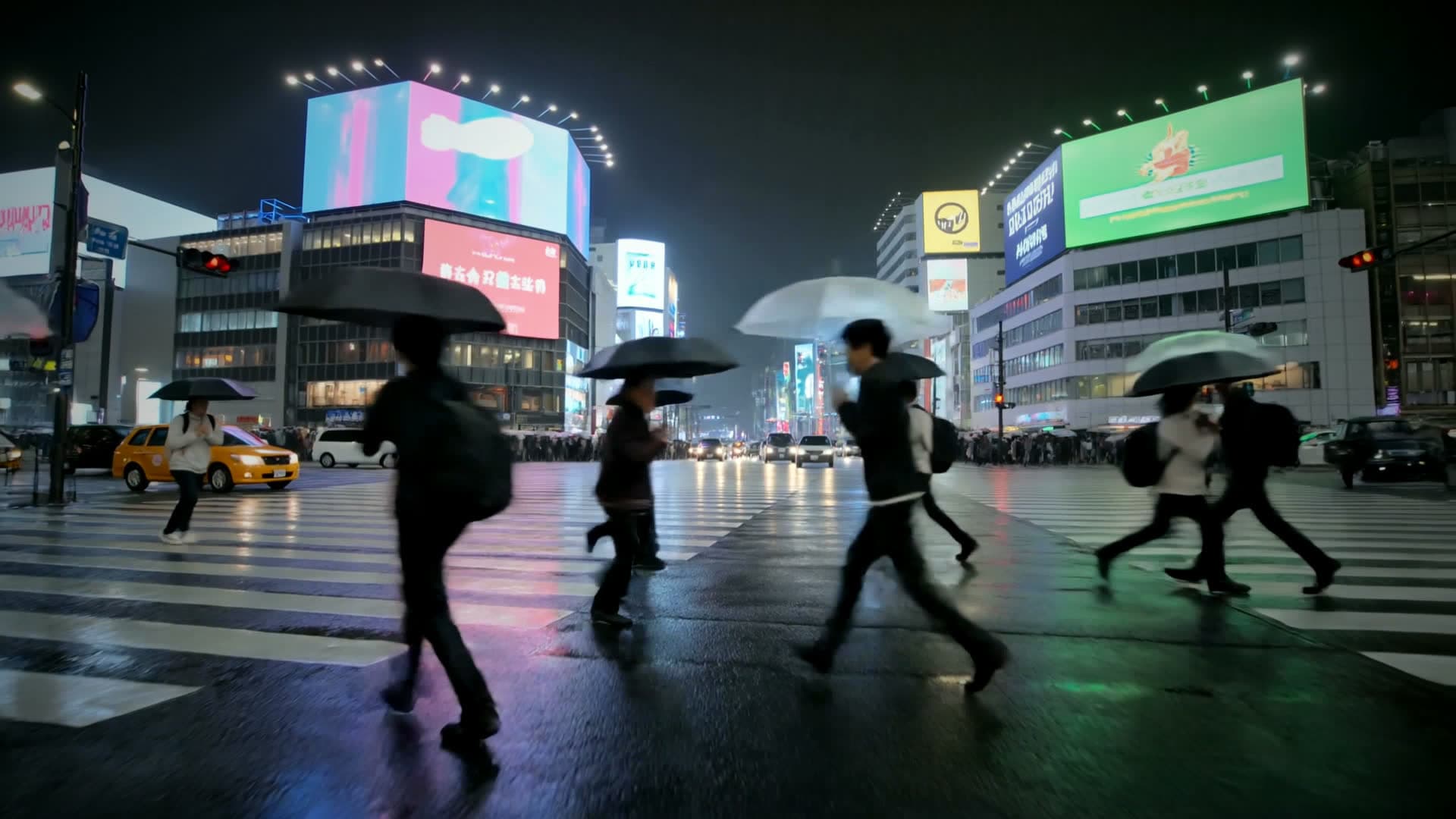 A rainy night at a Tokyo crossing, neon screens overhead.